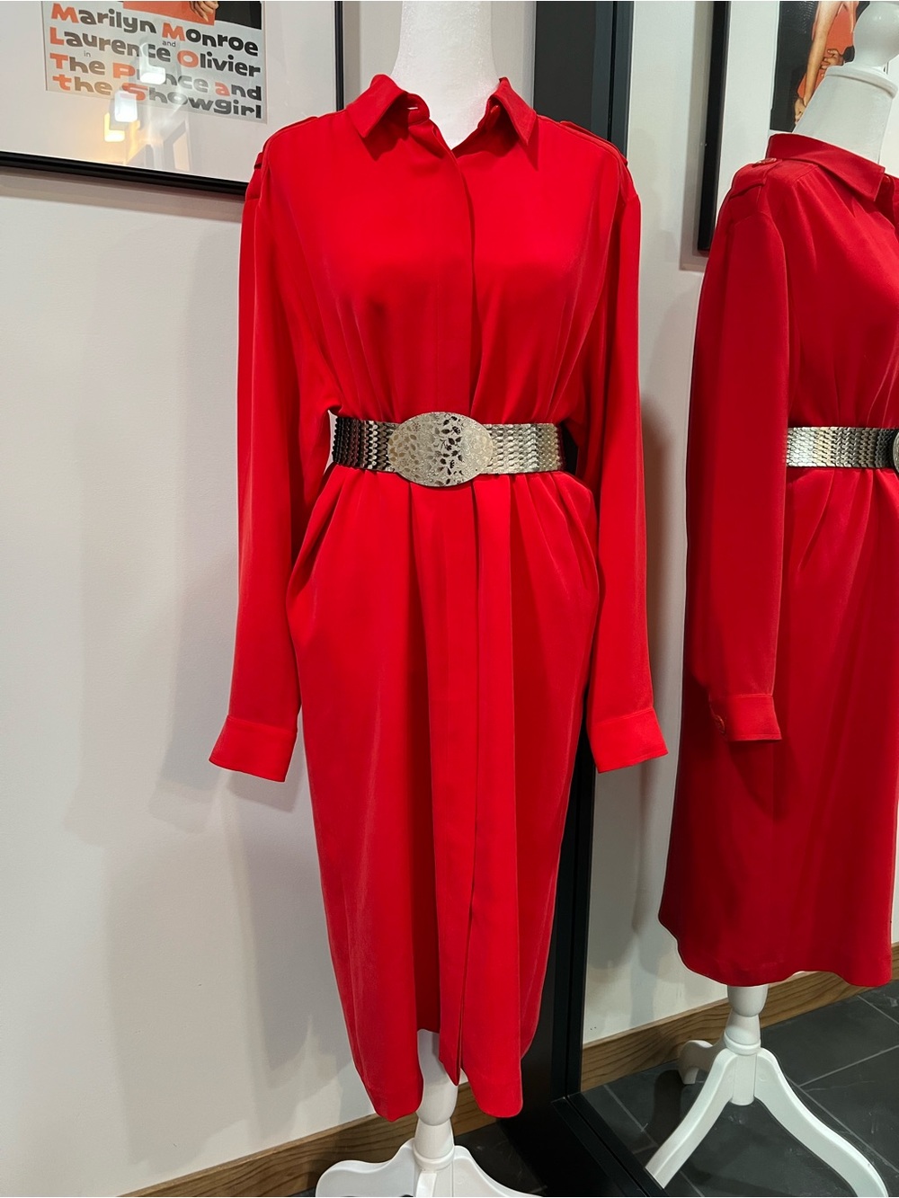 Silk Shomi - Red Long Sleeve Shirt Dress in 100% Silk (Belt Not Included)